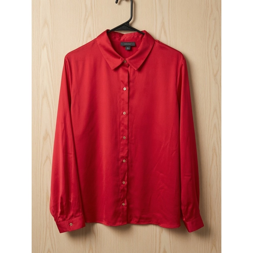 Bold Elements Womens XL Red Satin Blouse Cherry Splash Long Sleeve NWT Curvy